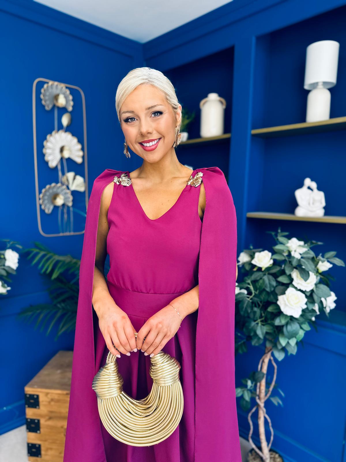 Imelda Cape Detail Occasion Midi Dress Berry