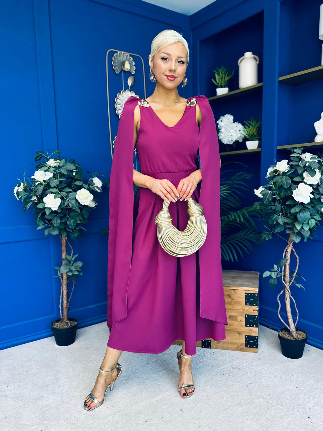Imelda Cape Detail Occasion Midi Dress Berry