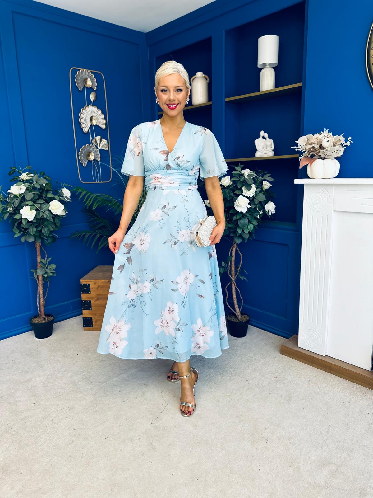 Pari Pleated Waist Maxi Dress Floral Sky