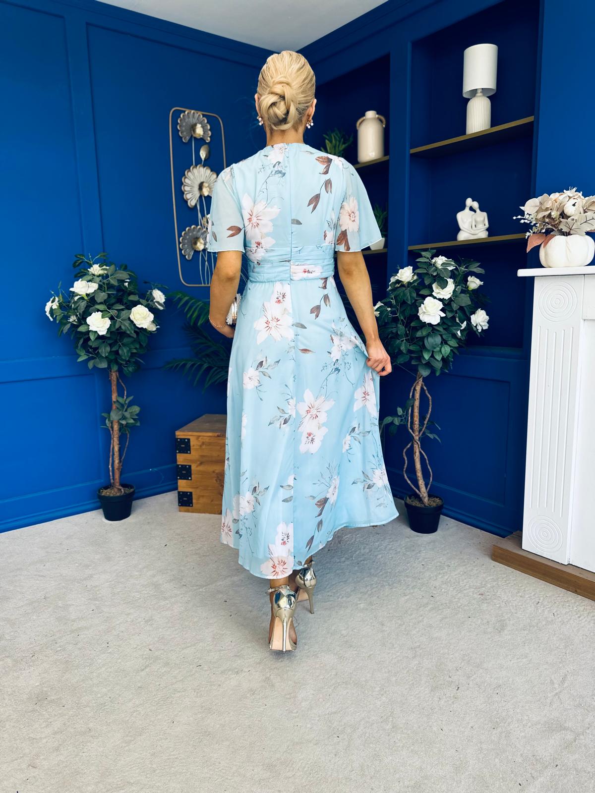 Pari Pleated Waist Maxi Dress Floral Sky