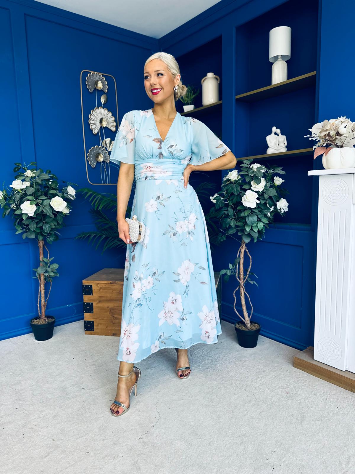 Pari Pleated Waist Maxi Dress Floral Sky