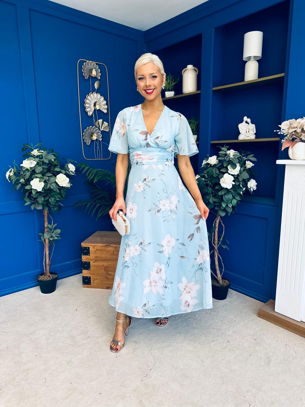 Pari Pleated Waist Maxi Dress Floral Sky