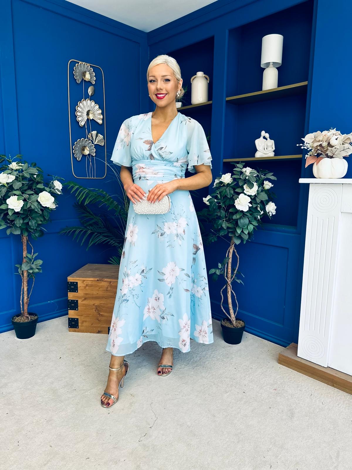 Pari Pleated Waist Maxi Dress Floral Sky