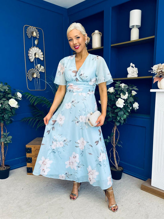 Pari Pleated Waist Maxi Dress Floral Sky