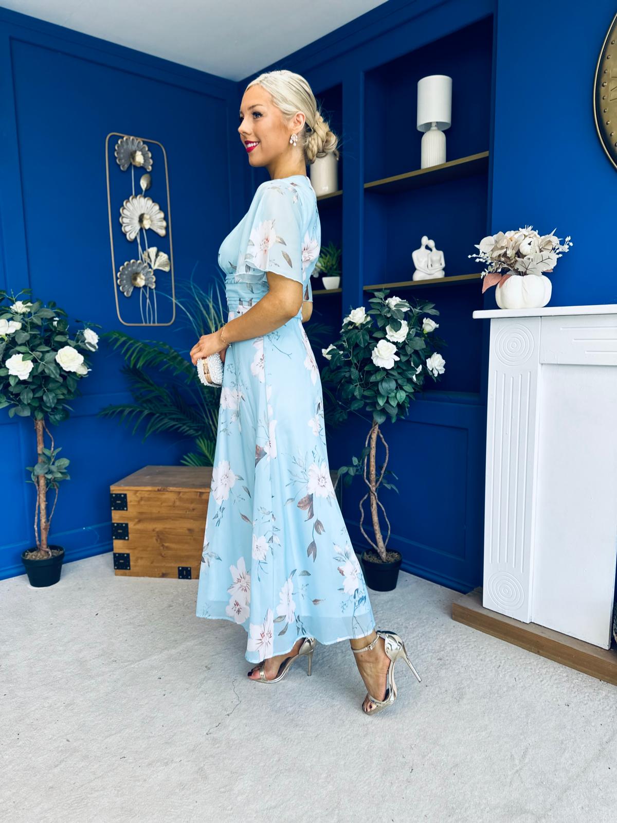 Pari Pleated Waist Maxi Dress Floral Sky