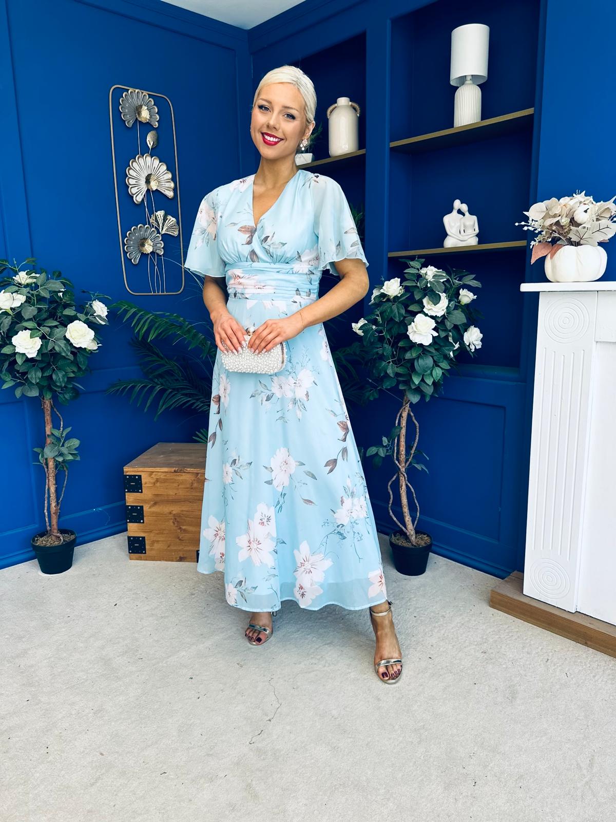 Pari Pleated Waist Maxi Dress Floral Sky