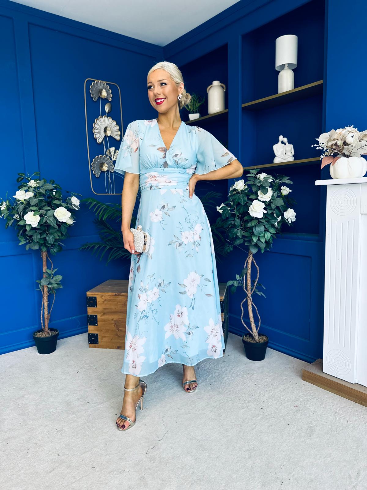 Pari Pleated Waist Maxi Dress Floral Sky