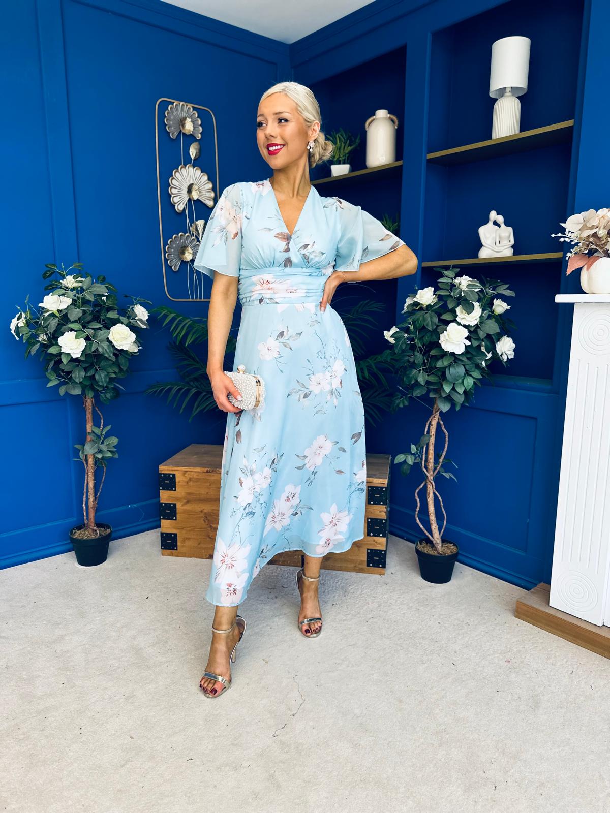 Pari Pleated Waist Maxi Dress Floral Sky