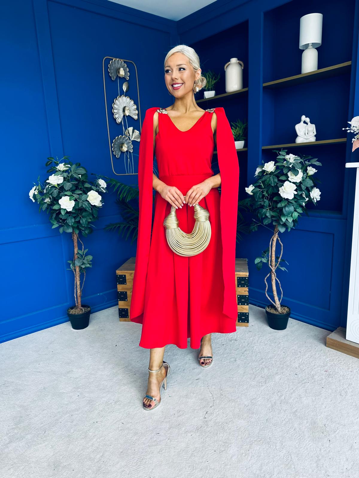Imelda Cape Detail Occasion Midi Dress Red
