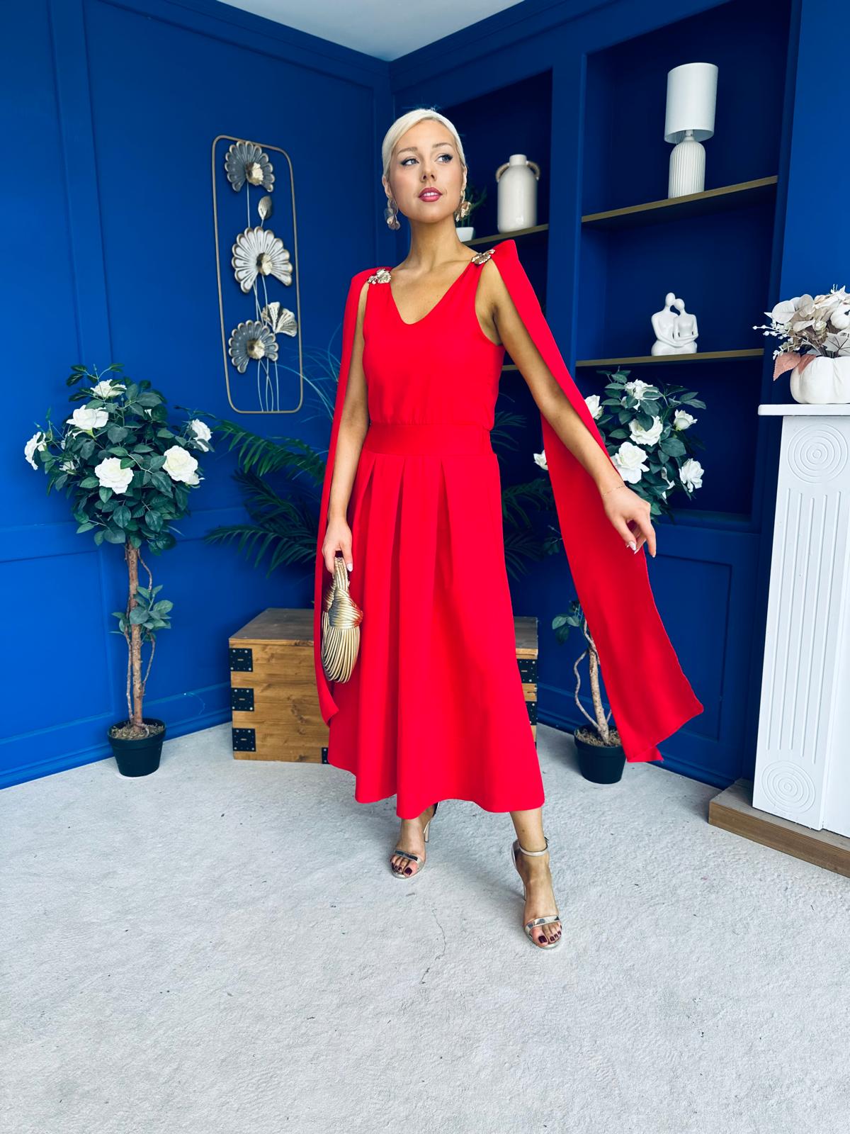 Imelda Cape Detail Occasion Midi Dress Red
