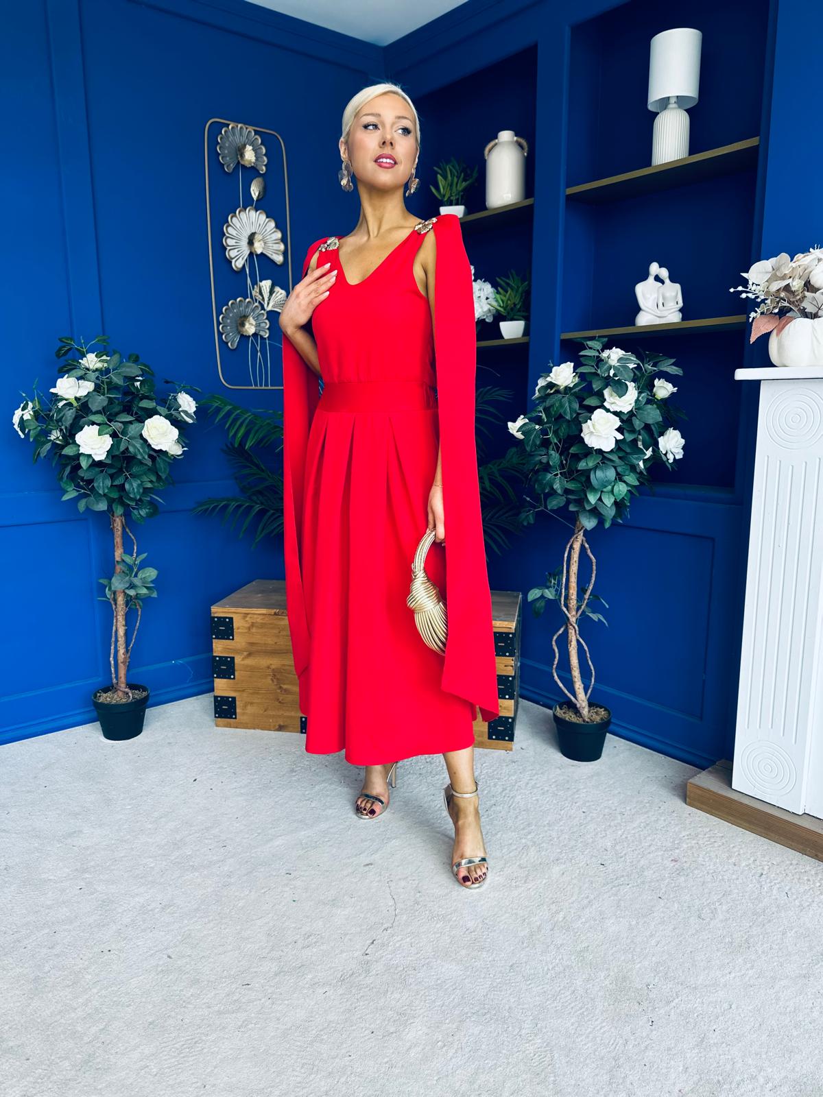 Imelda Cape Detail Occasion Midi Dress Red