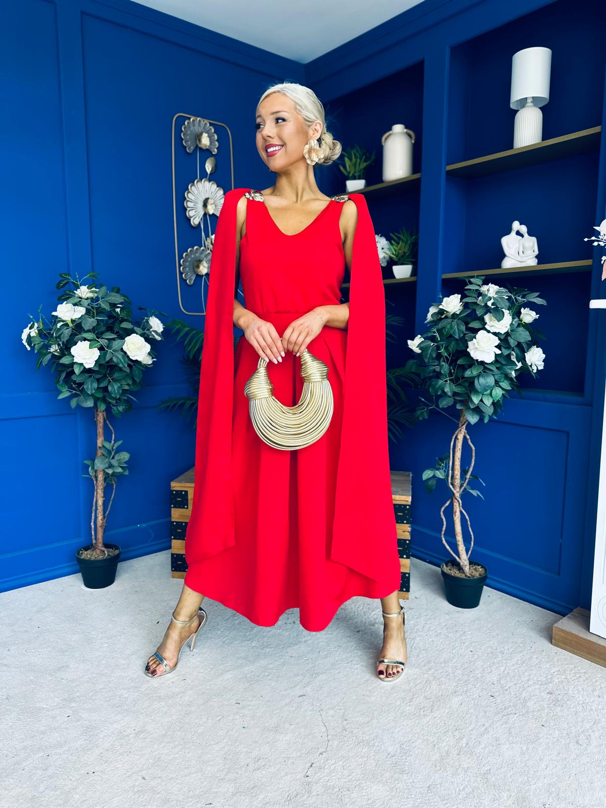Imelda Cape Detail Occasion Midi Dress Red