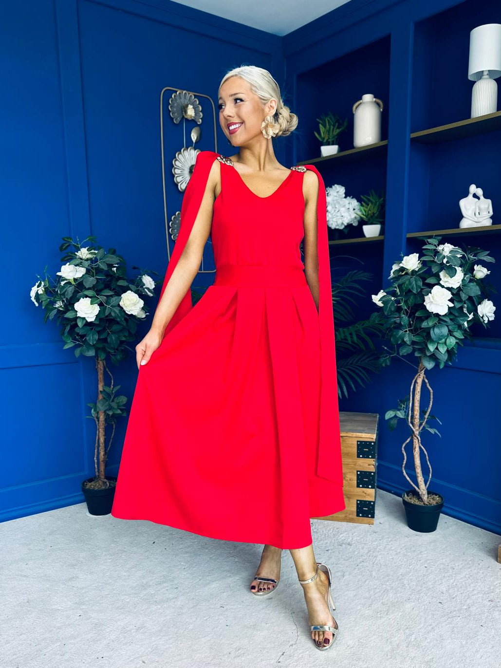 Imelda Cape Detail Occasion Midi Dress Red