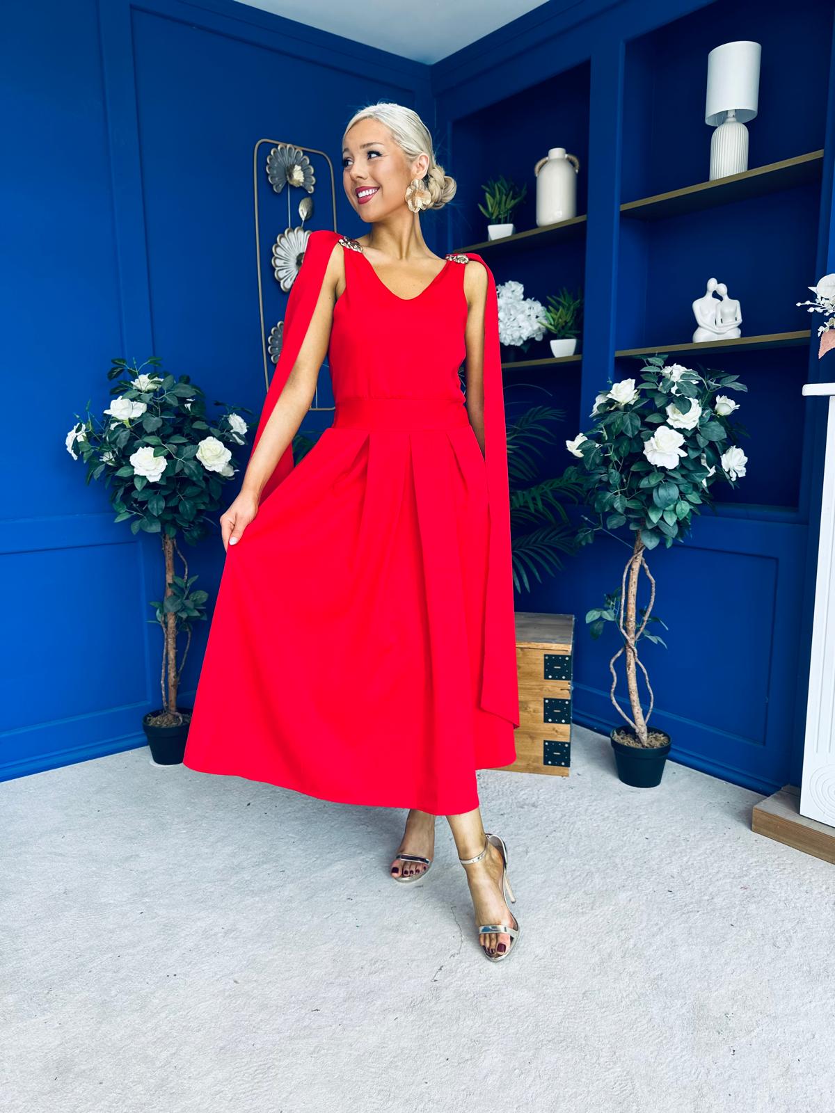 Imelda Cape Detail Occasion Midi Dress Red