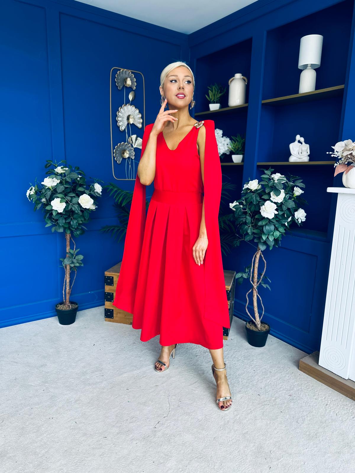Imelda Cape Detail Occasion Midi Dress Red