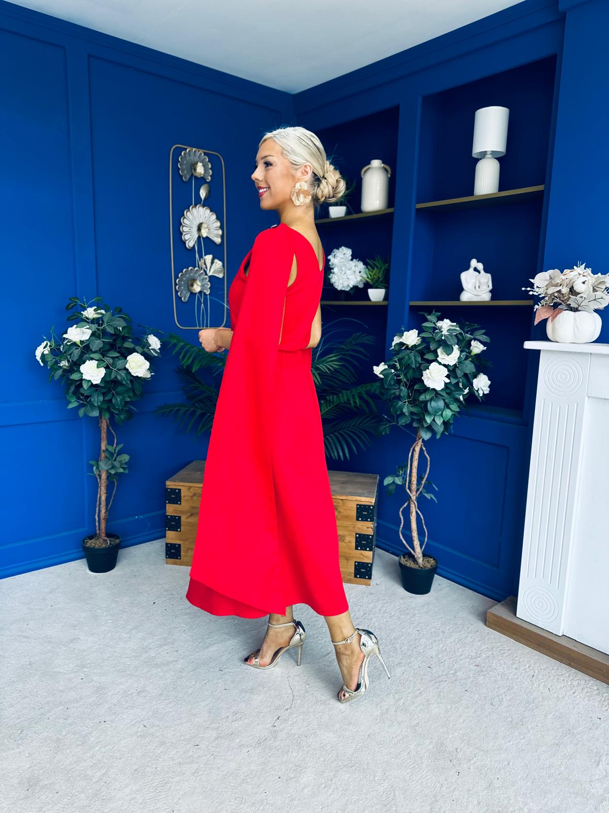 Imelda Cape Detail Occasion Midi Dress Red