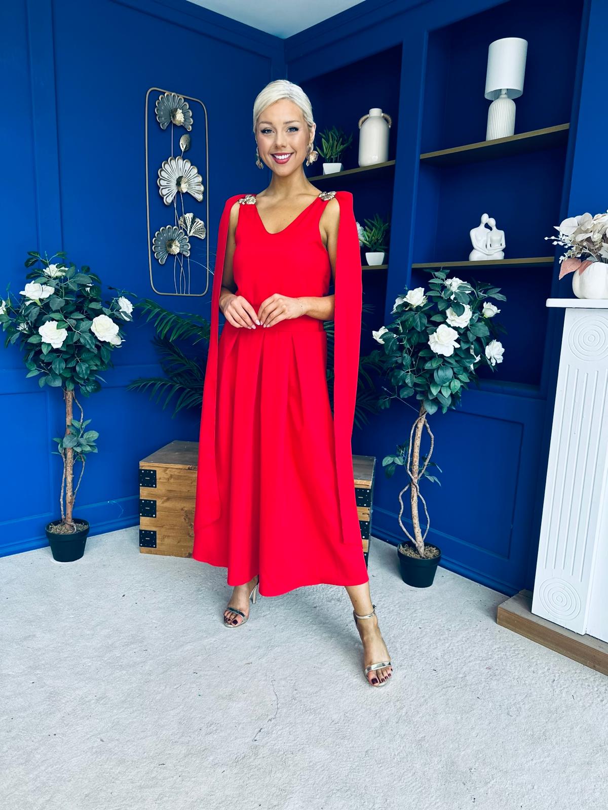 Imelda Cape Detail Occasion Midi Dress Red
