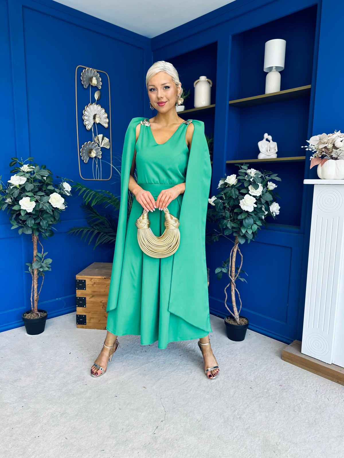 Imelda Cape Detail Occasion Midi Dress Emerald