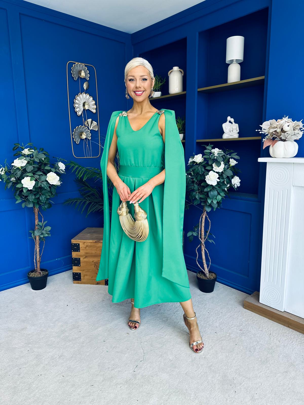 Imelda Cape Detail Occasion Midi Dress Emerald