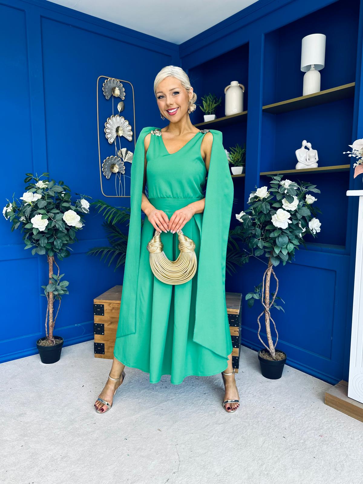 Imelda Cape Detail Occasion Midi Dress Emerald