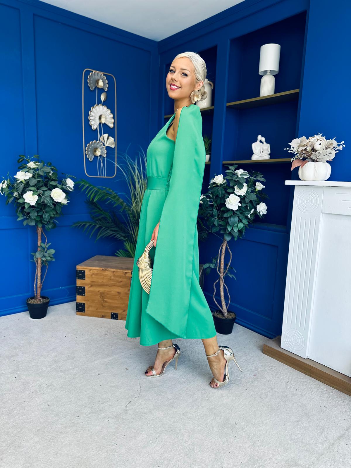 Imelda Cape Detail Occasion Midi Dress Emerald