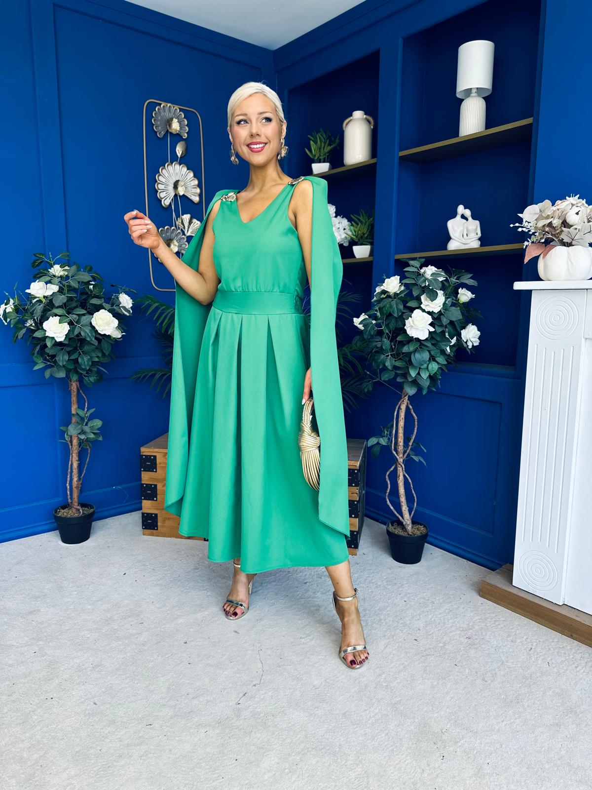 Imelda Cape Detail Occasion Midi Dress Emerald