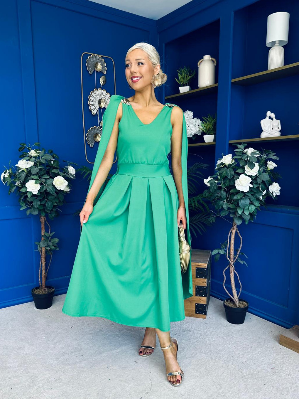 Imelda Cape Detail Occasion Midi Dress Emerald