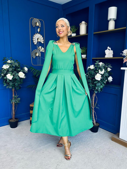 Imelda Cape Detail Occasion Midi Dress Emerald