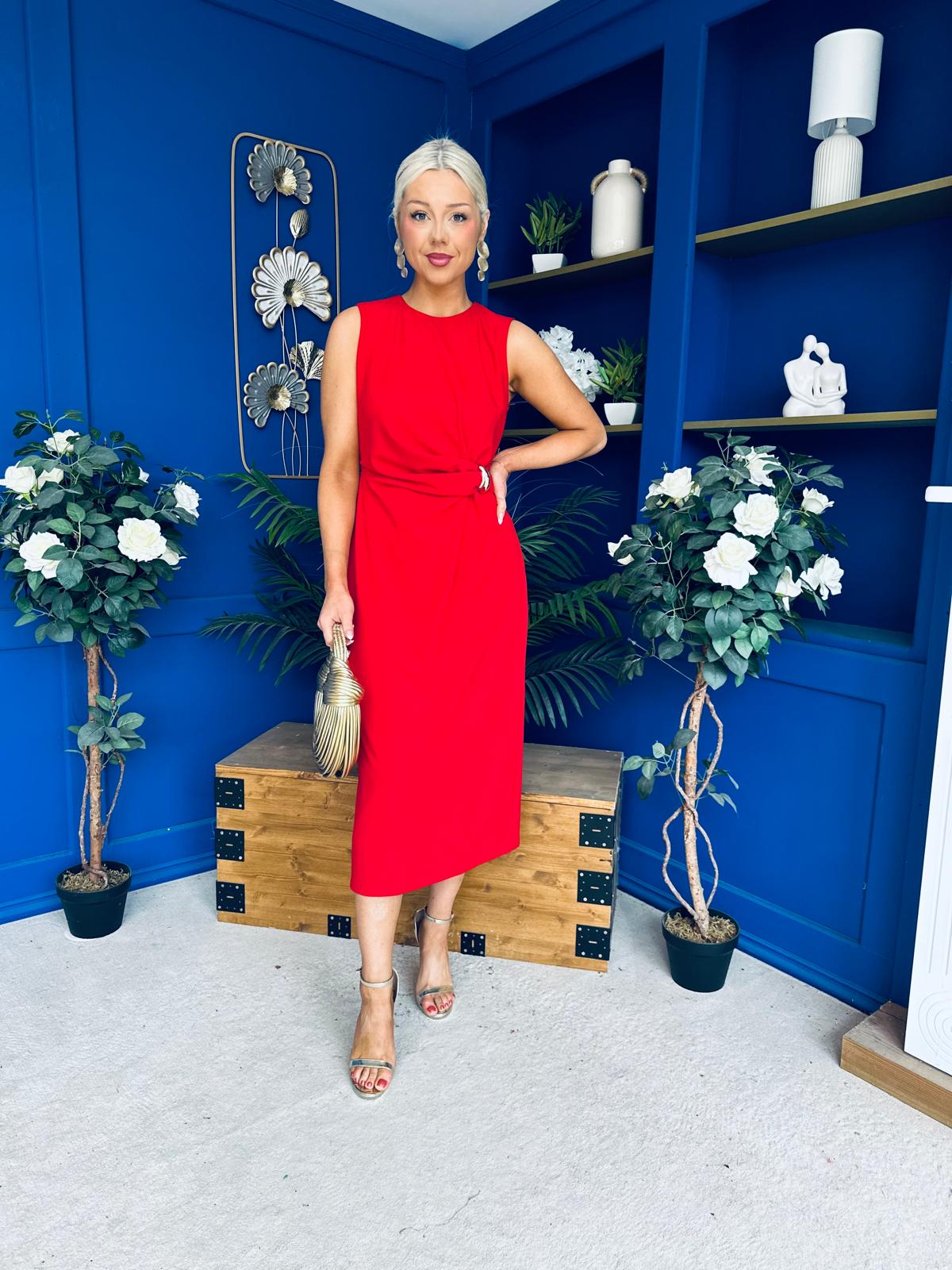 Louisa Gold Buckle Wrap detail Midi Dress Red