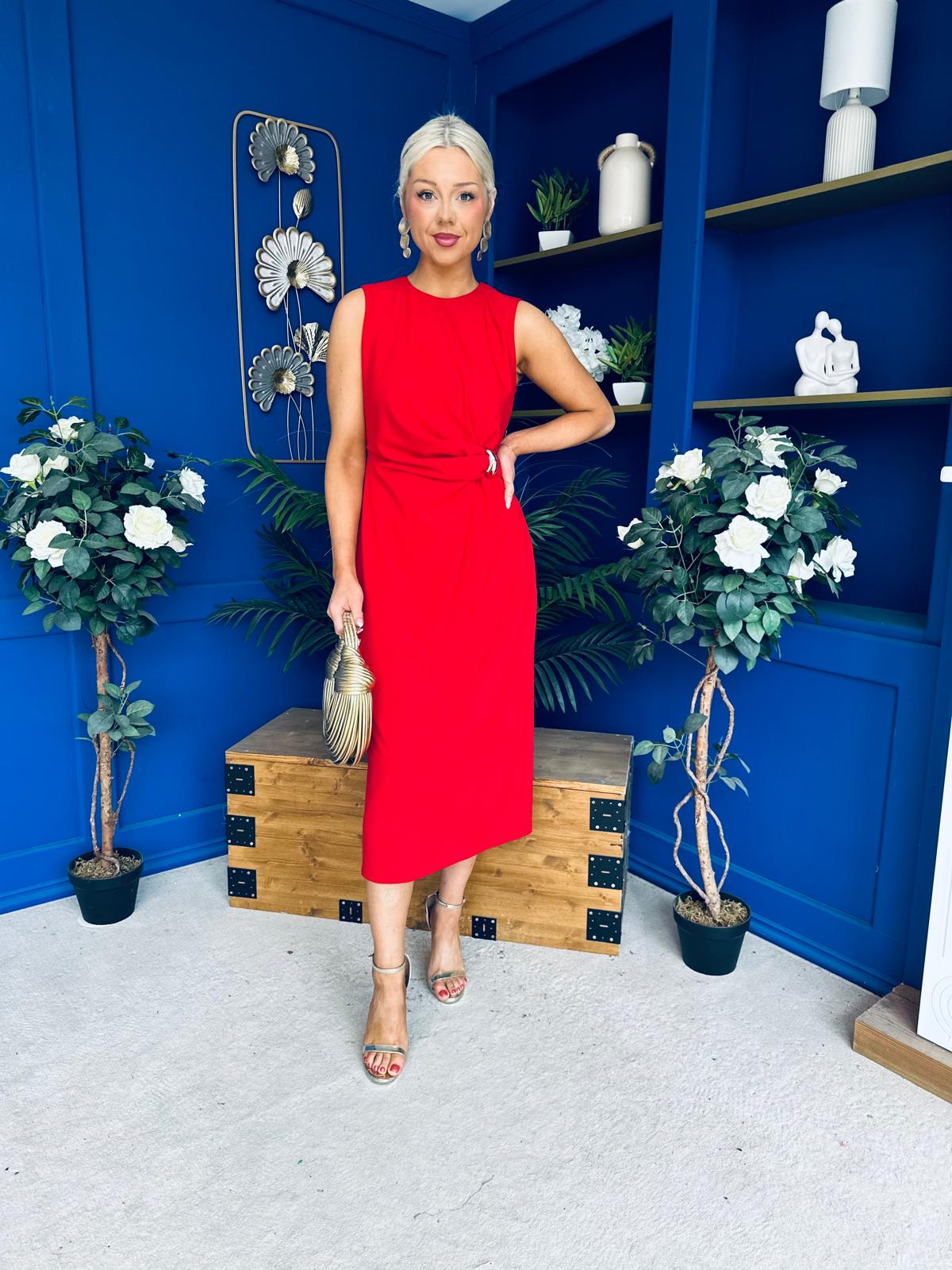 Louisa Gold Buckle Wrap detail Midi Dress Red