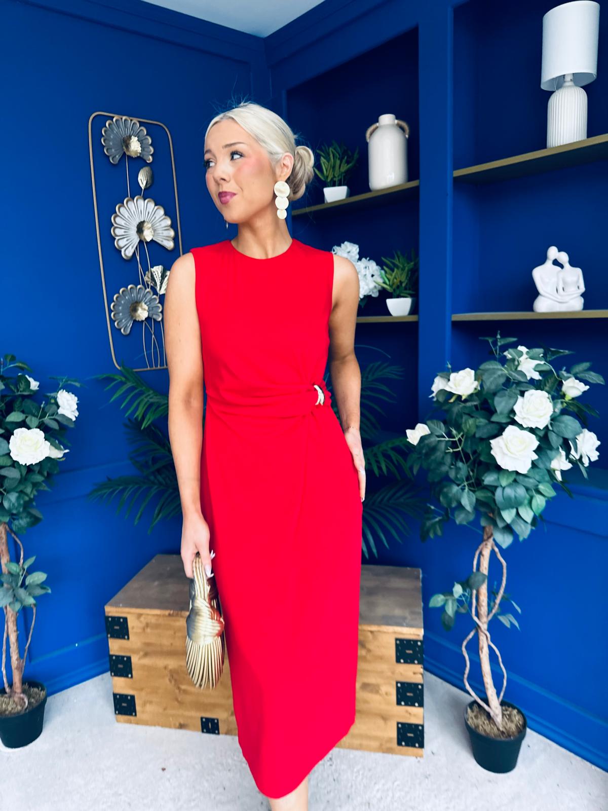 Louisa Gold Buckle Wrap detail Midi Dress Red