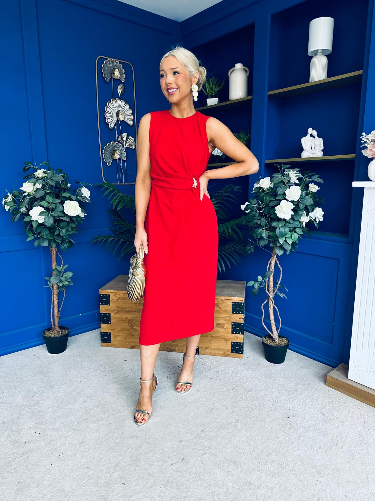 Louisa Gold Buckle Wrap detail Midi Dress Red
