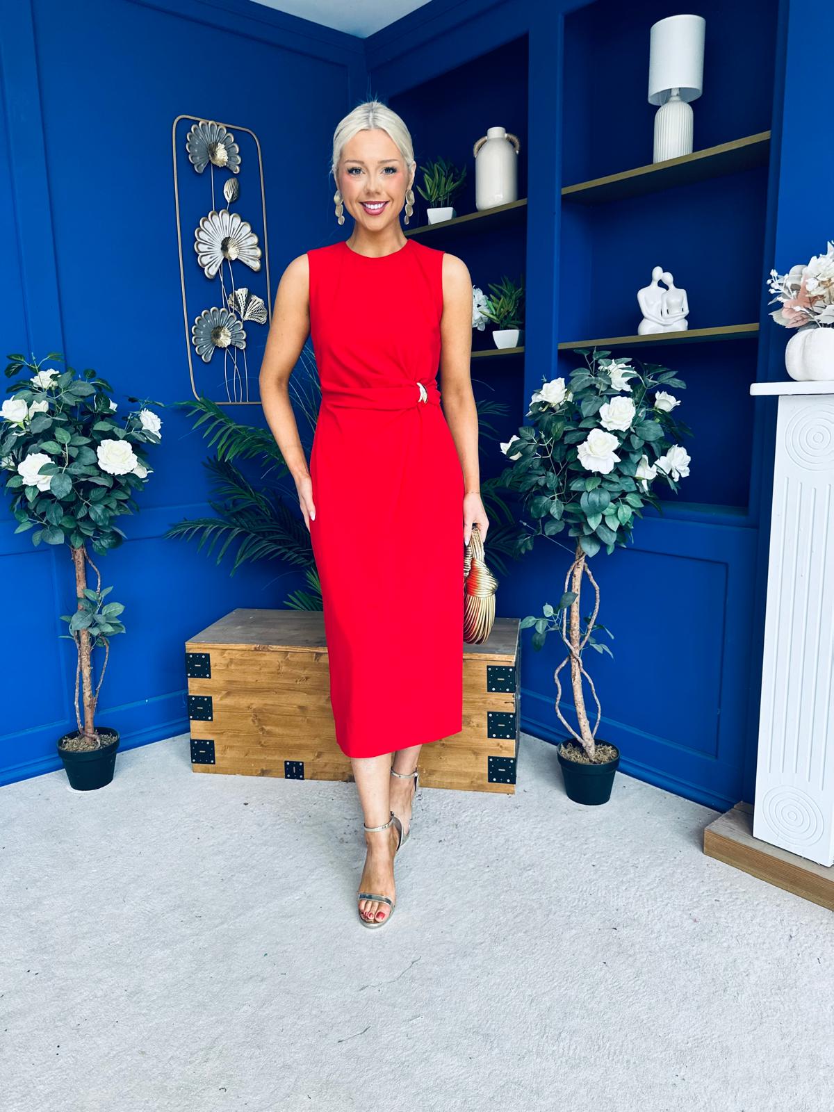 Louisa Gold Buckle Wrap detail Midi Dress Red