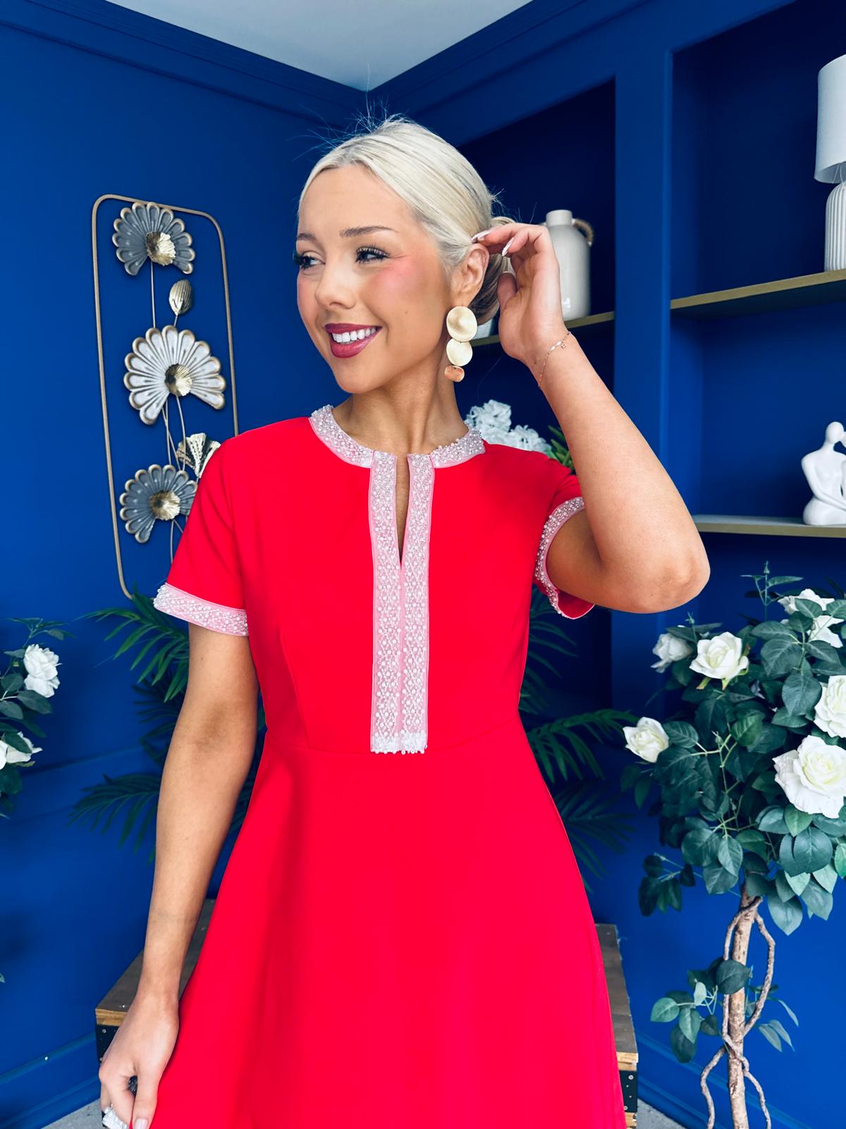 Sandra Beaded Detail Midi Dress Red