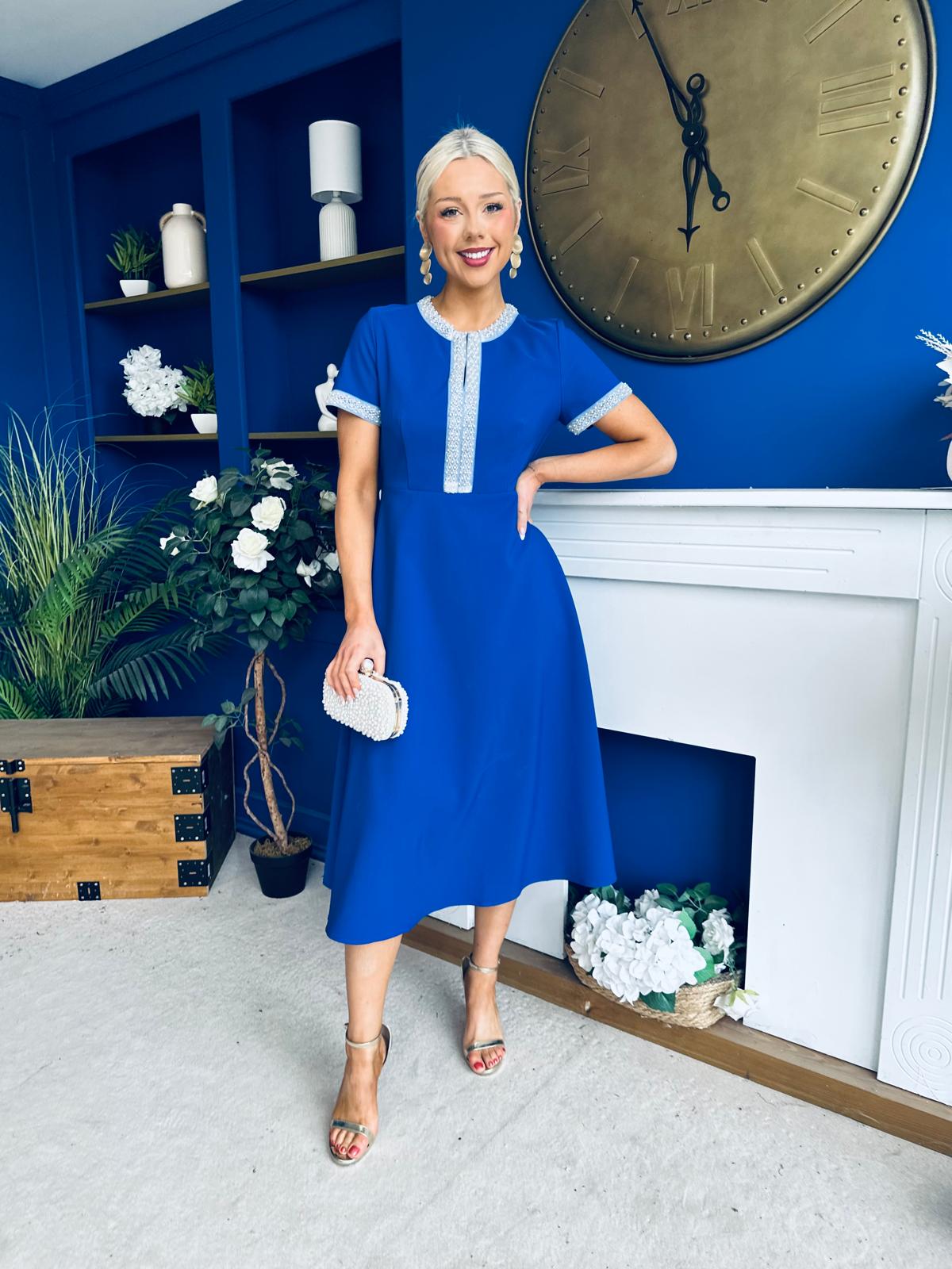 Sandra Beaded Detail Midi Dress Cobalt