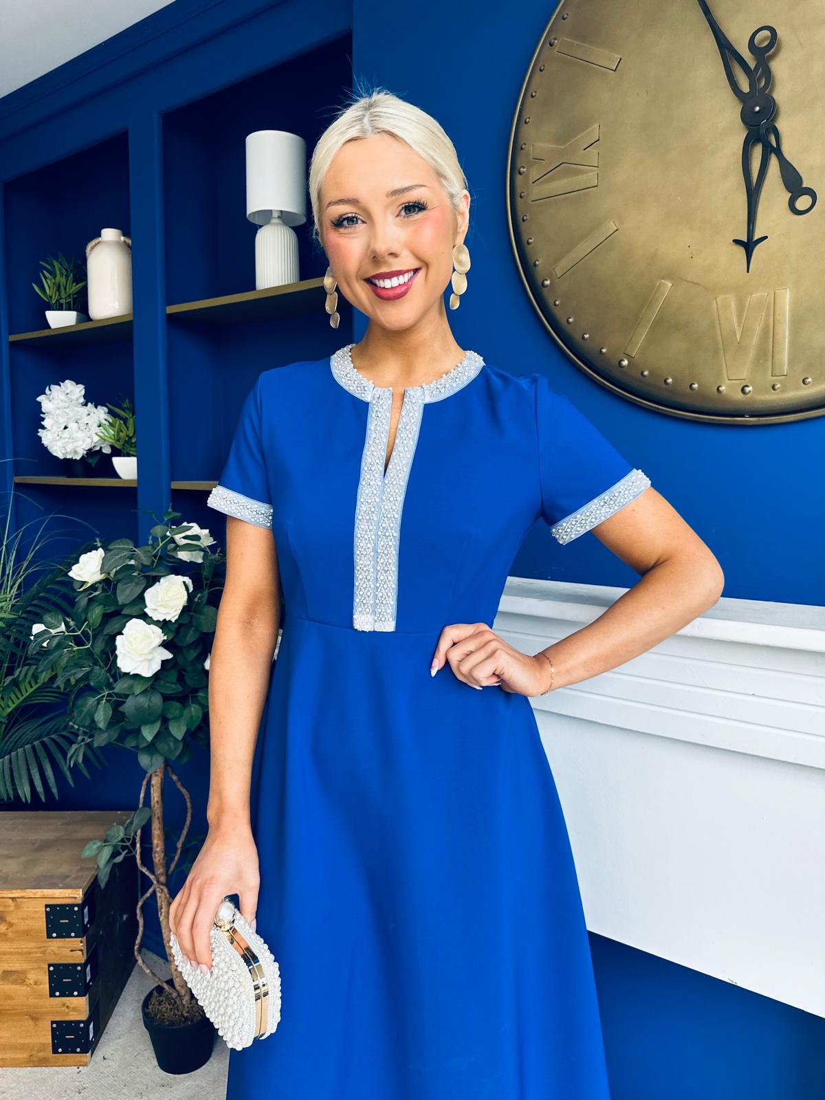 Sandra Beaded Detail Midi Dress Cobalt