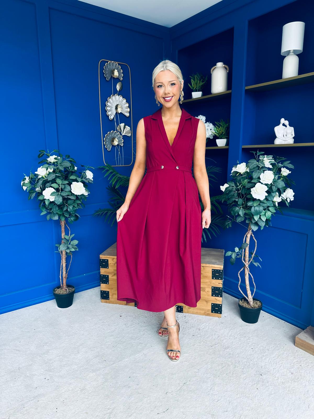 Paloma Cinched Detail Tailored Midi Dress Burgundy