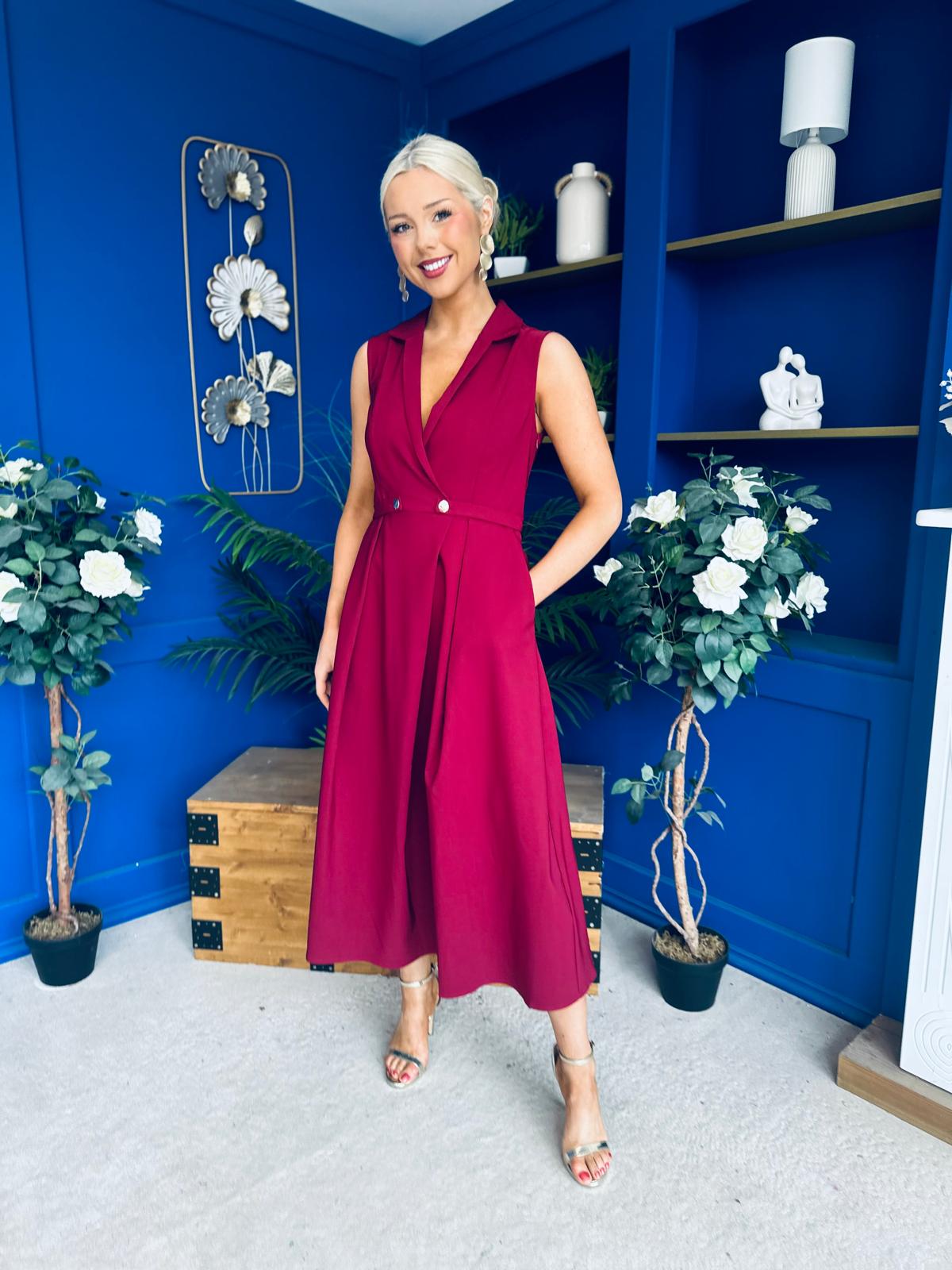 Paloma Cinched Detail Tailored Midi Dress Burgundy