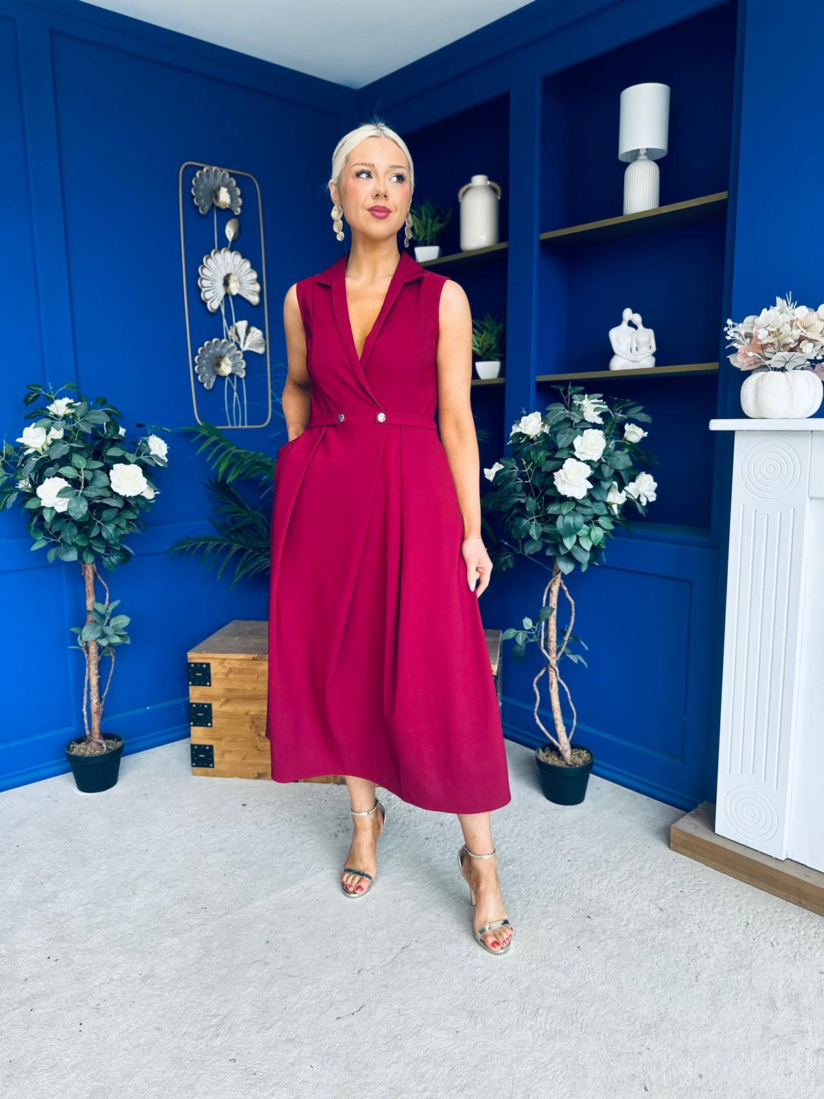 Paloma Cinched Detail Tailored Midi Dress Burgundy