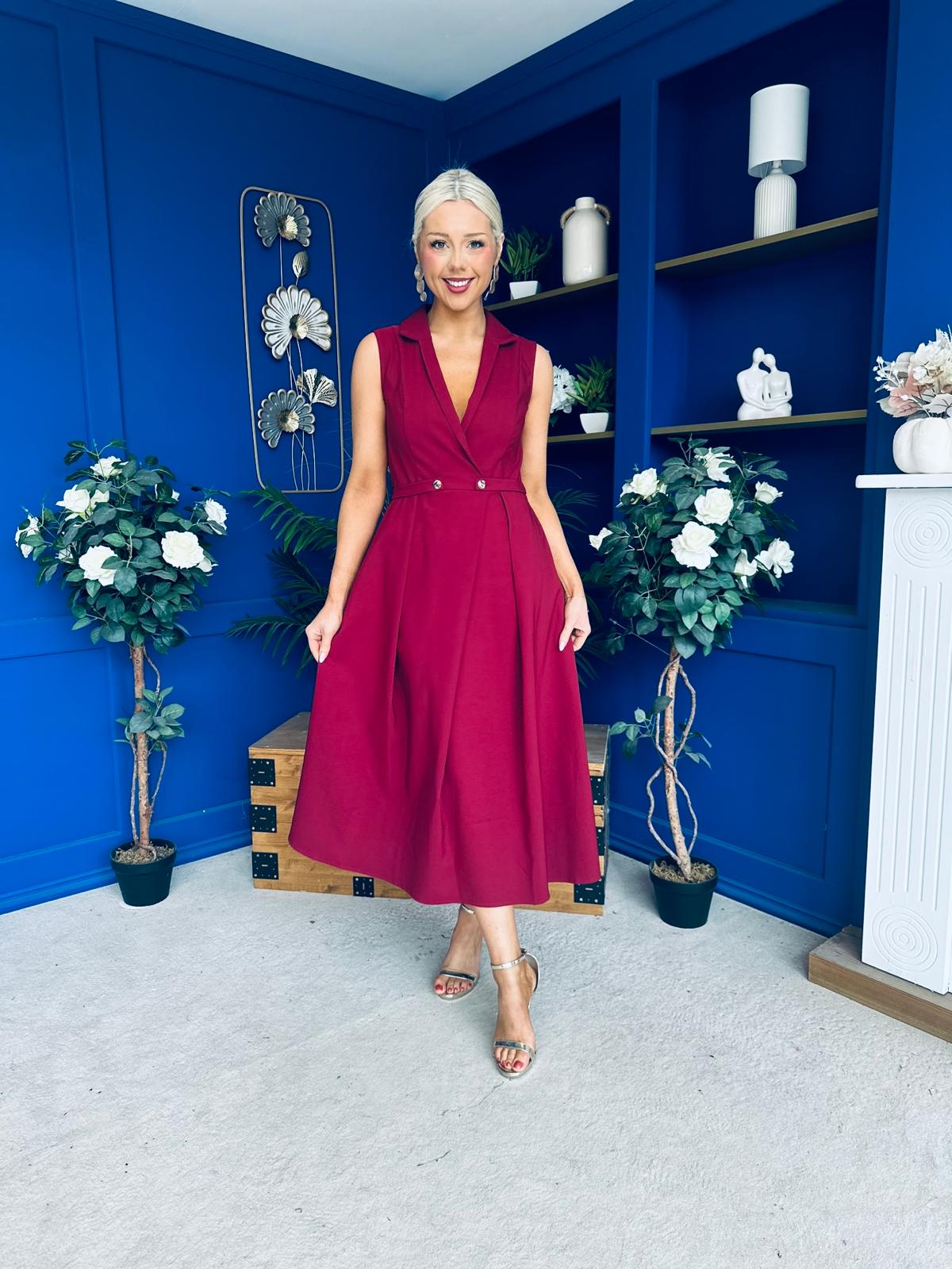 Paloma Cinched Detail Tailored Midi Dress Burgundy