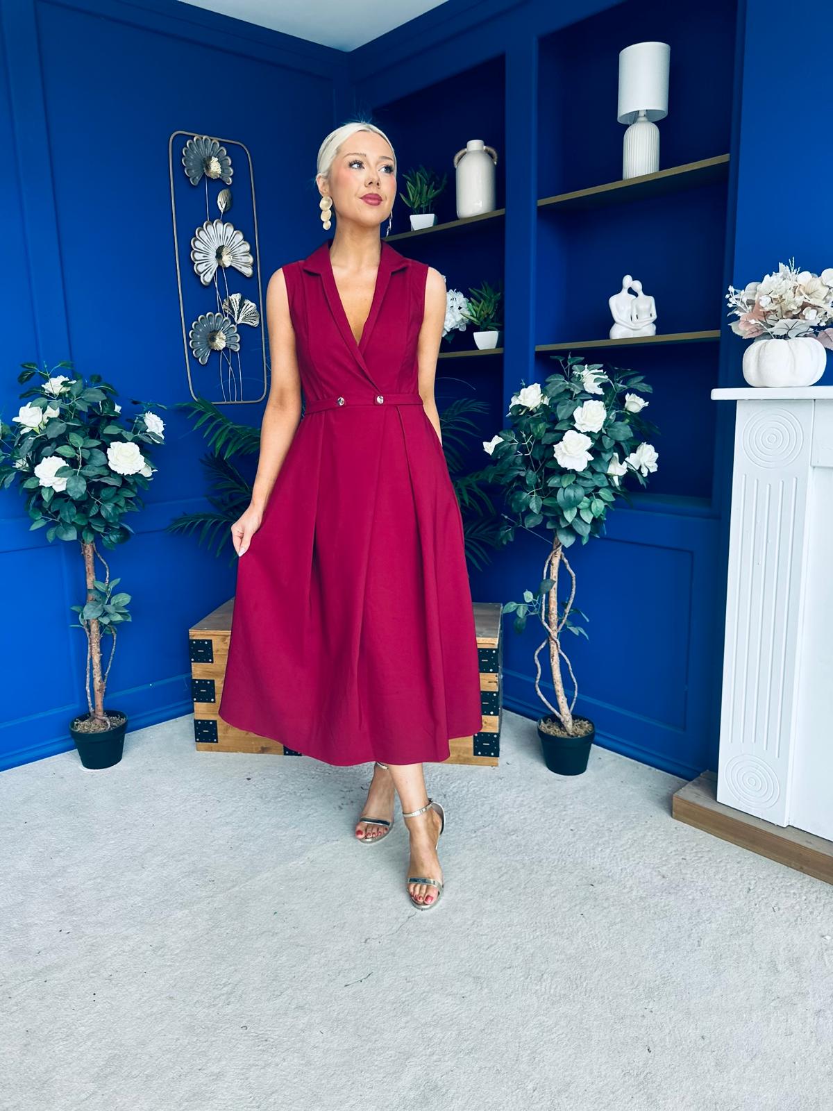 Paloma Cinched Detail Tailored Midi Dress Burgundy
