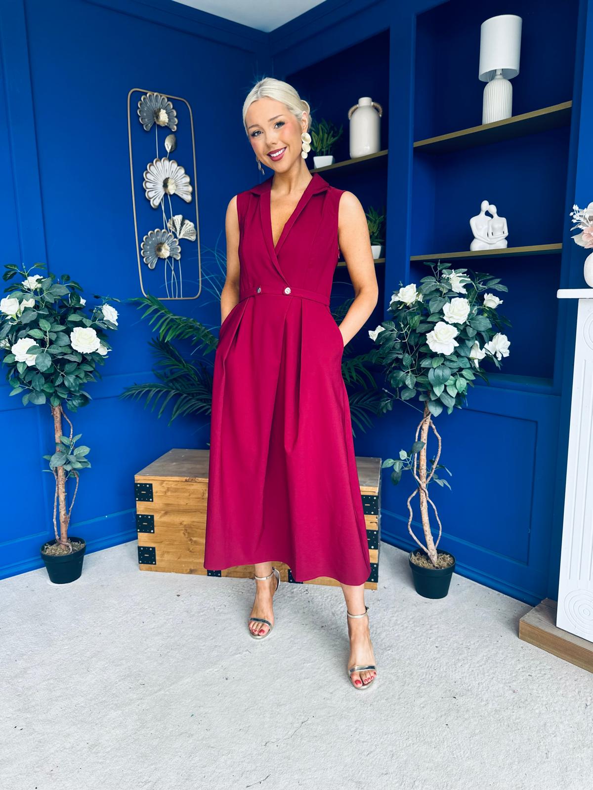 Paloma Cinched Detail Tailored Midi Dress Burgundy