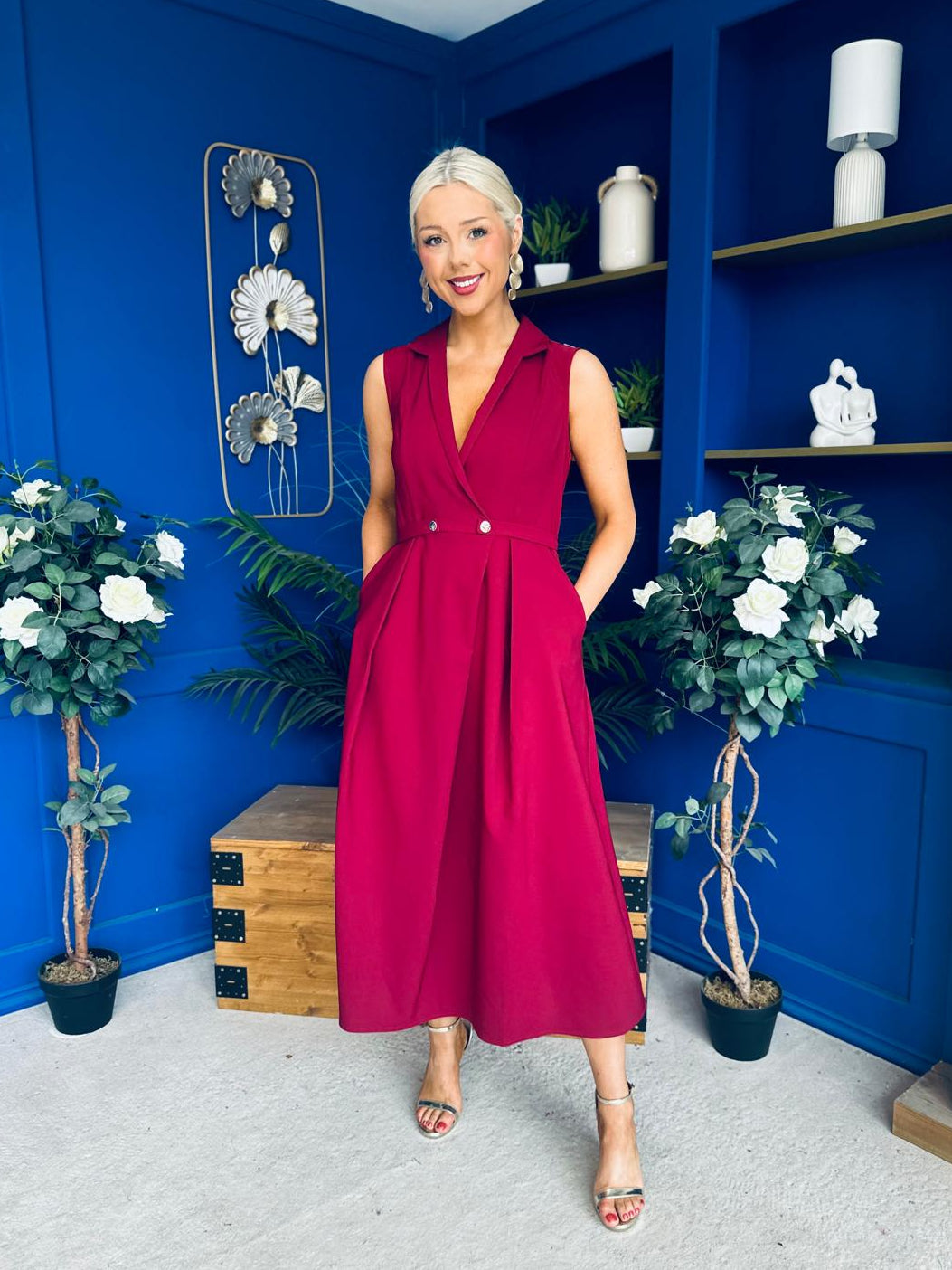 Paloma Cinched Detail Tailored Midi Dress Burgundy