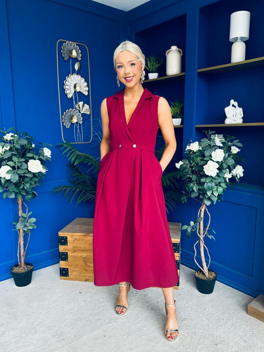 Paloma Cinched Detail Tailored Midi Dress Burgundy