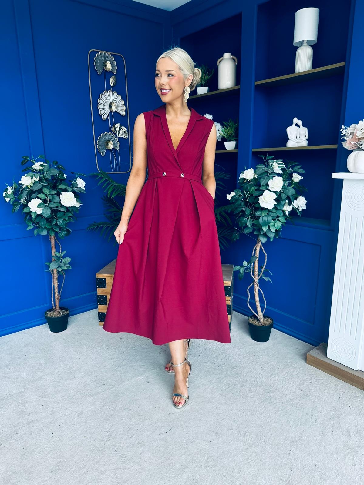 Paloma Cinched Detail Tailored Midi Dress Burgundy