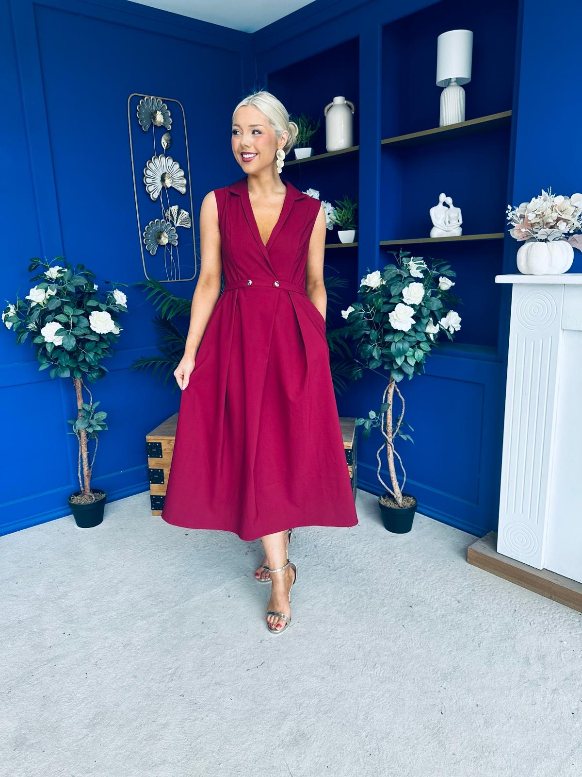 Paloma Cinched Detail Tailored Midi Dress Burgundy