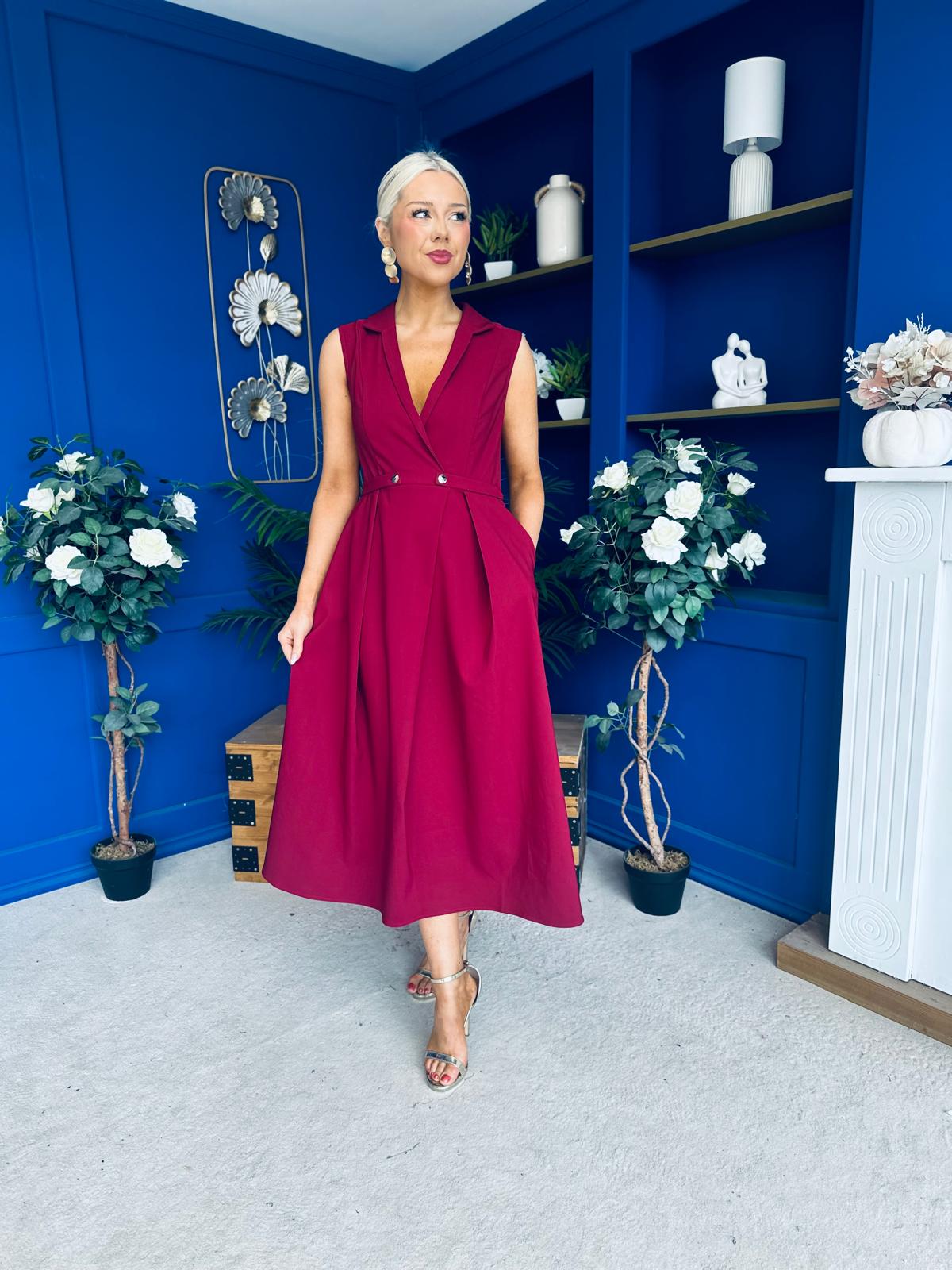 Paloma Cinched Detail Tailored Midi Dress Burgundy