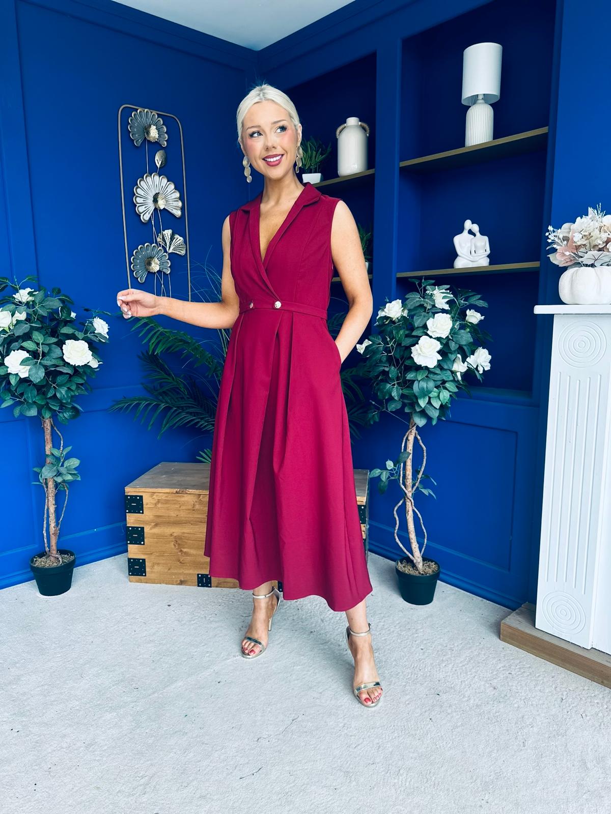 Paloma Cinched Detail Tailored Midi Dress Burgundy