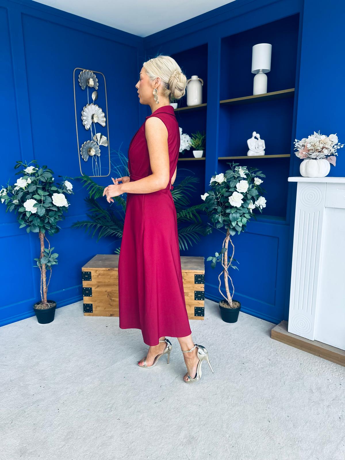 Paloma Cinched Detail Tailored Midi Dress Burgundy