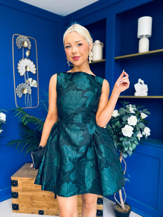 Suri Floral Jacquard Dropped Waist Mini Dress Green